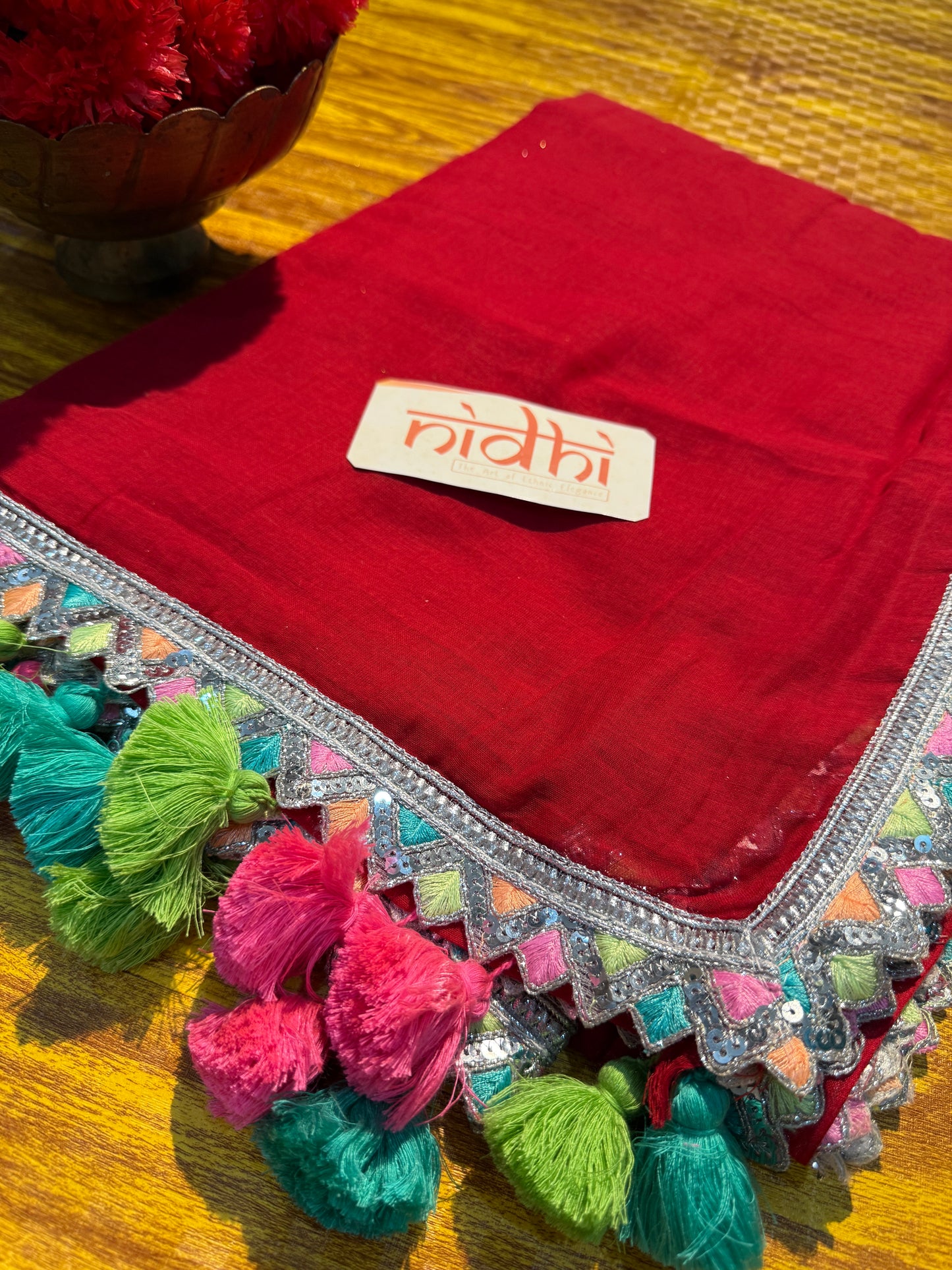 Red Mulmul Cotton Lace Boder