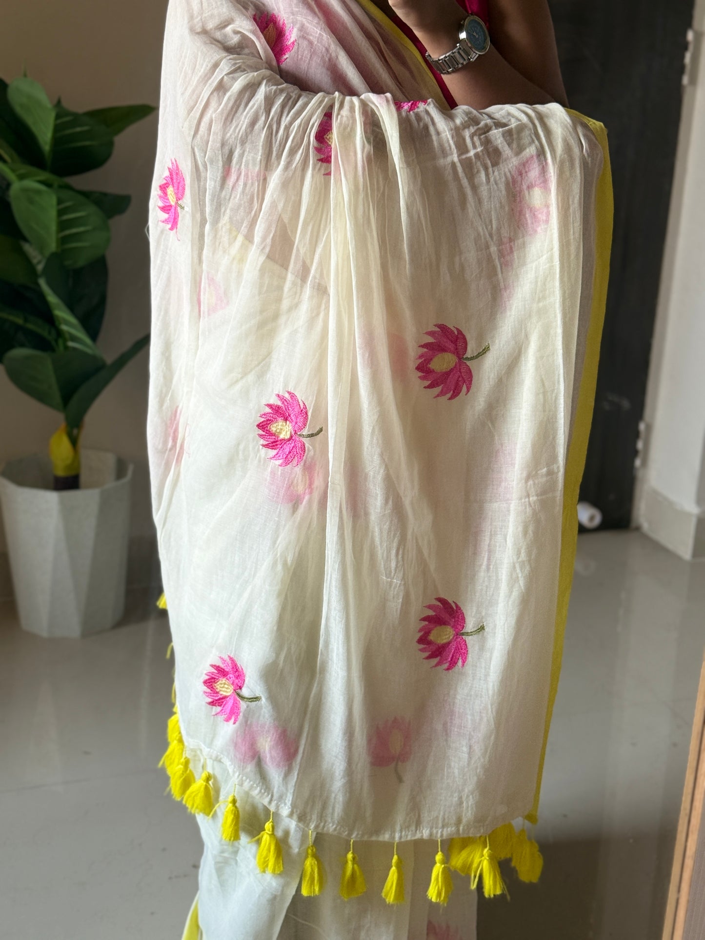 Lotus Embroidery Mulmul Cotton