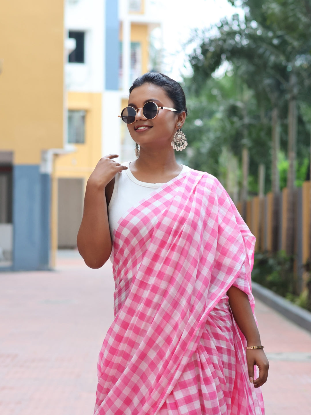 Classic Pink check Mulmul cotton saree