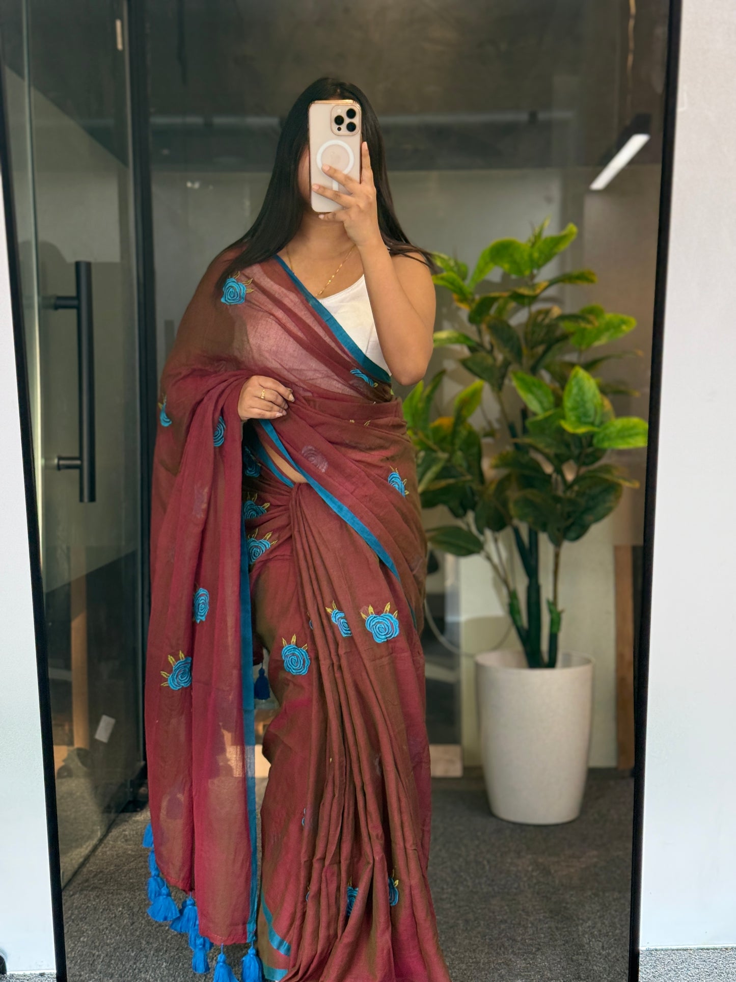 Brown Rose embroidery mulcotton saree