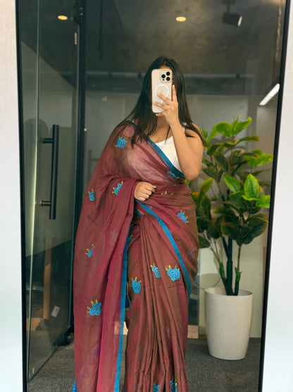 Brown Rose embroidery mulcotton saree