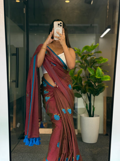 Brown Rose embroidery mulcotton saree