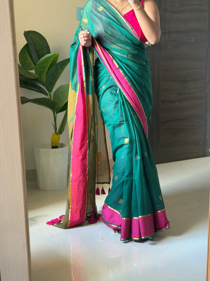 Green & Pink Zari Saree