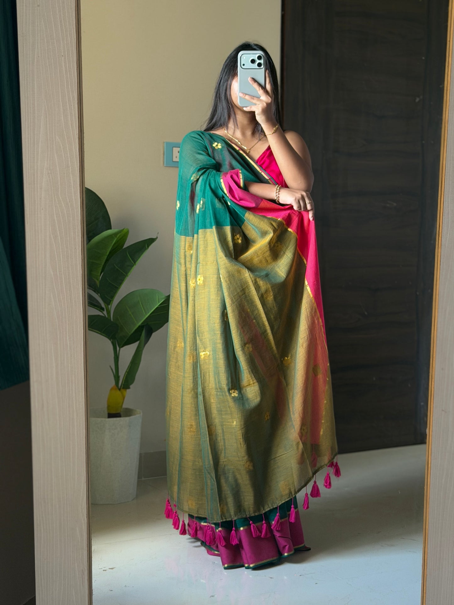 Green & Pink Zari Saree