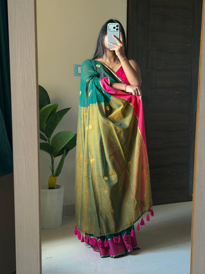 Green & Pink Zari Saree