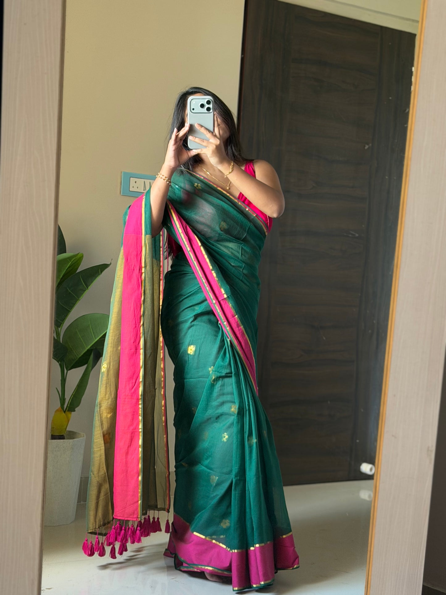 Green & Pink Zari Saree