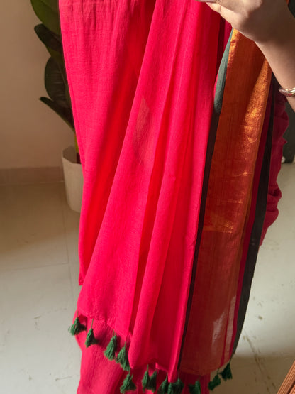 Red Mulmul Cotton Saree