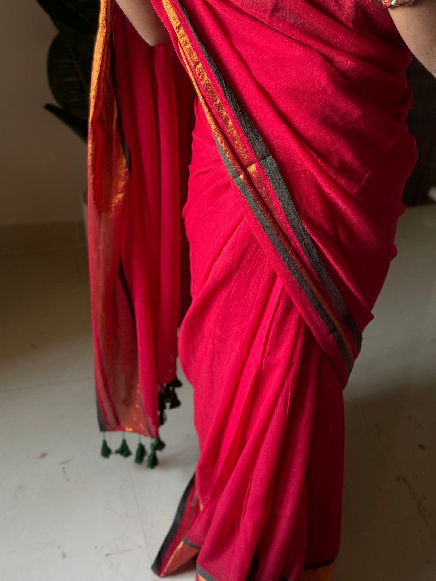 Red Mulmul Cotton Saree
