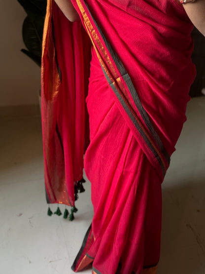 Red Mulmul Cotton Saree