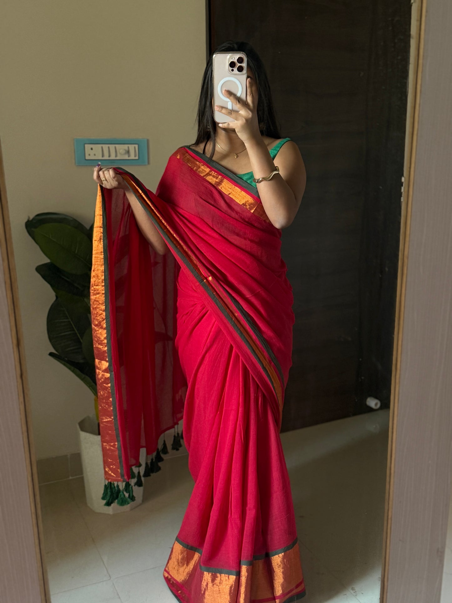 Red Mulmul Cotton Saree