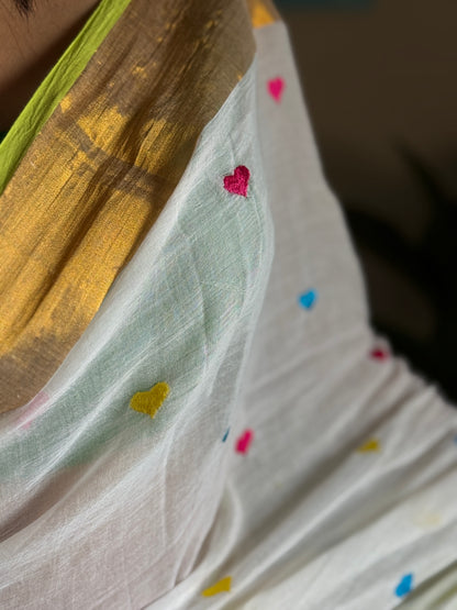 Heart Embroidery Mul cotton Saree