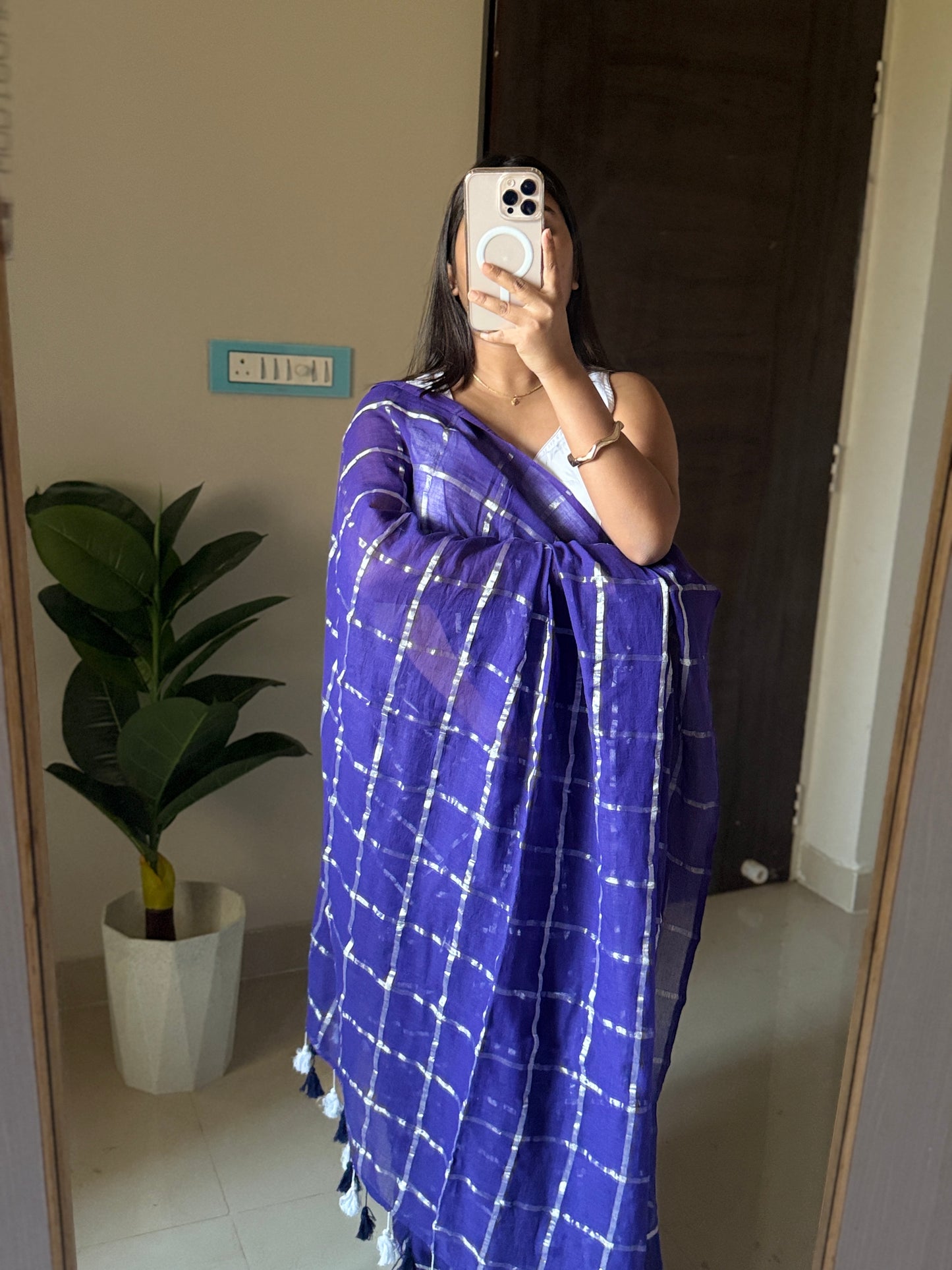 Blue Check Saree