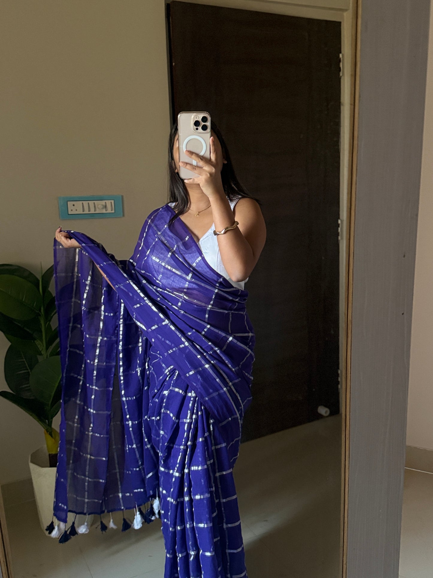 Blue Check Saree
