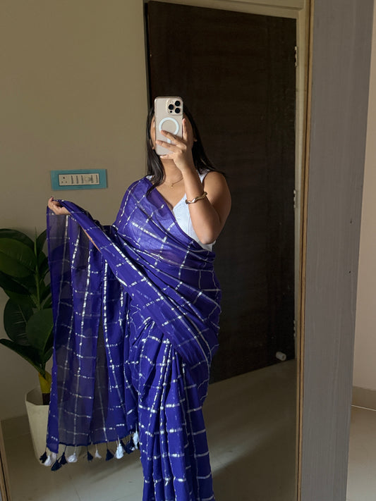 Blue Check Saree