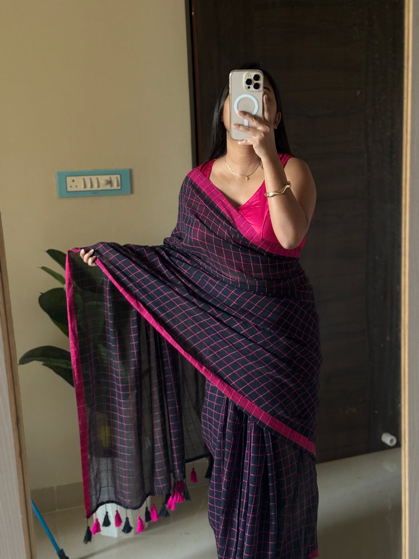 Black Checked Mulmul Cotton