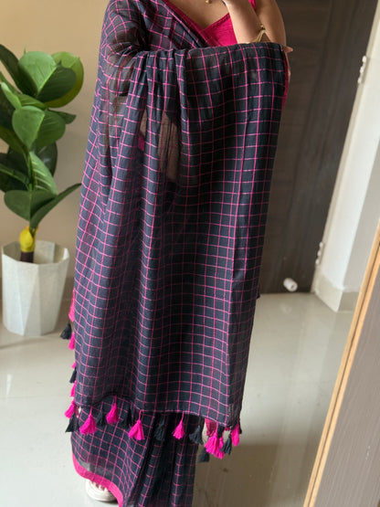 Black Checked Mulmul Cotton