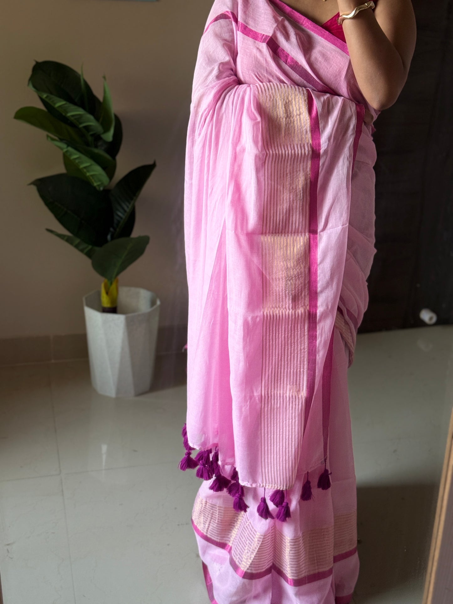 Pink With Tissue Boder Mulmul Cotton