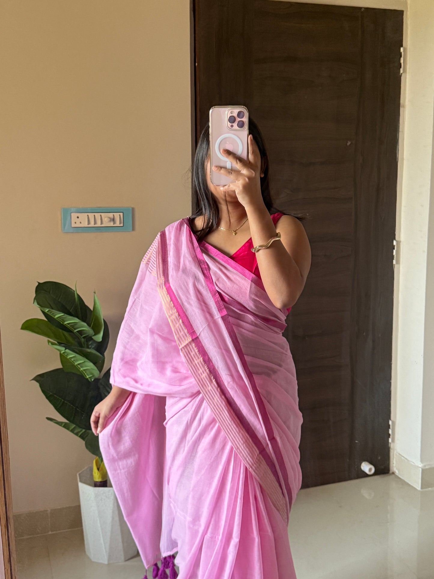 Pink With Tissue Boder Mulmul Cotton