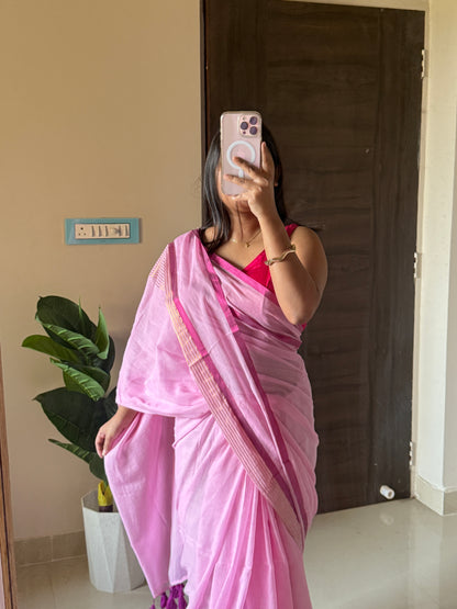 Pink With Tissue Boder Mulmul Cotton