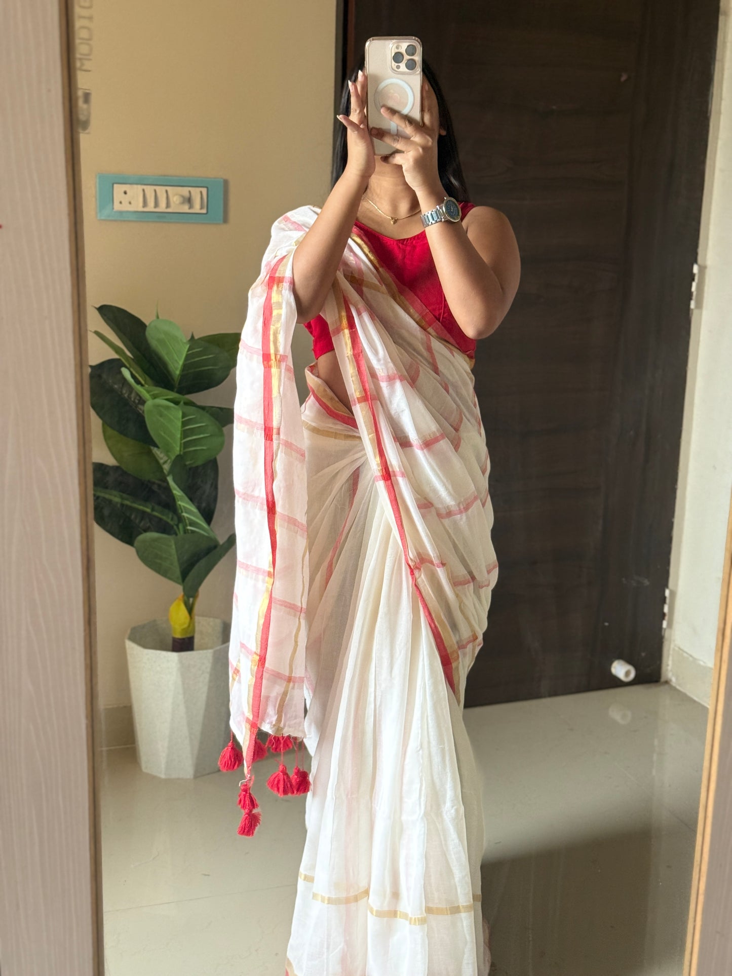 White &Red Checked Mul Cotton