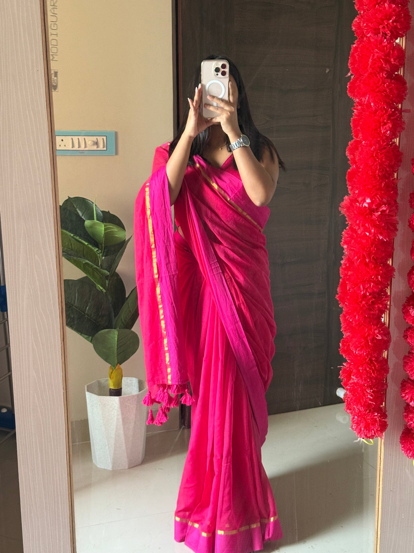 Pink String Mul Cotton Saree