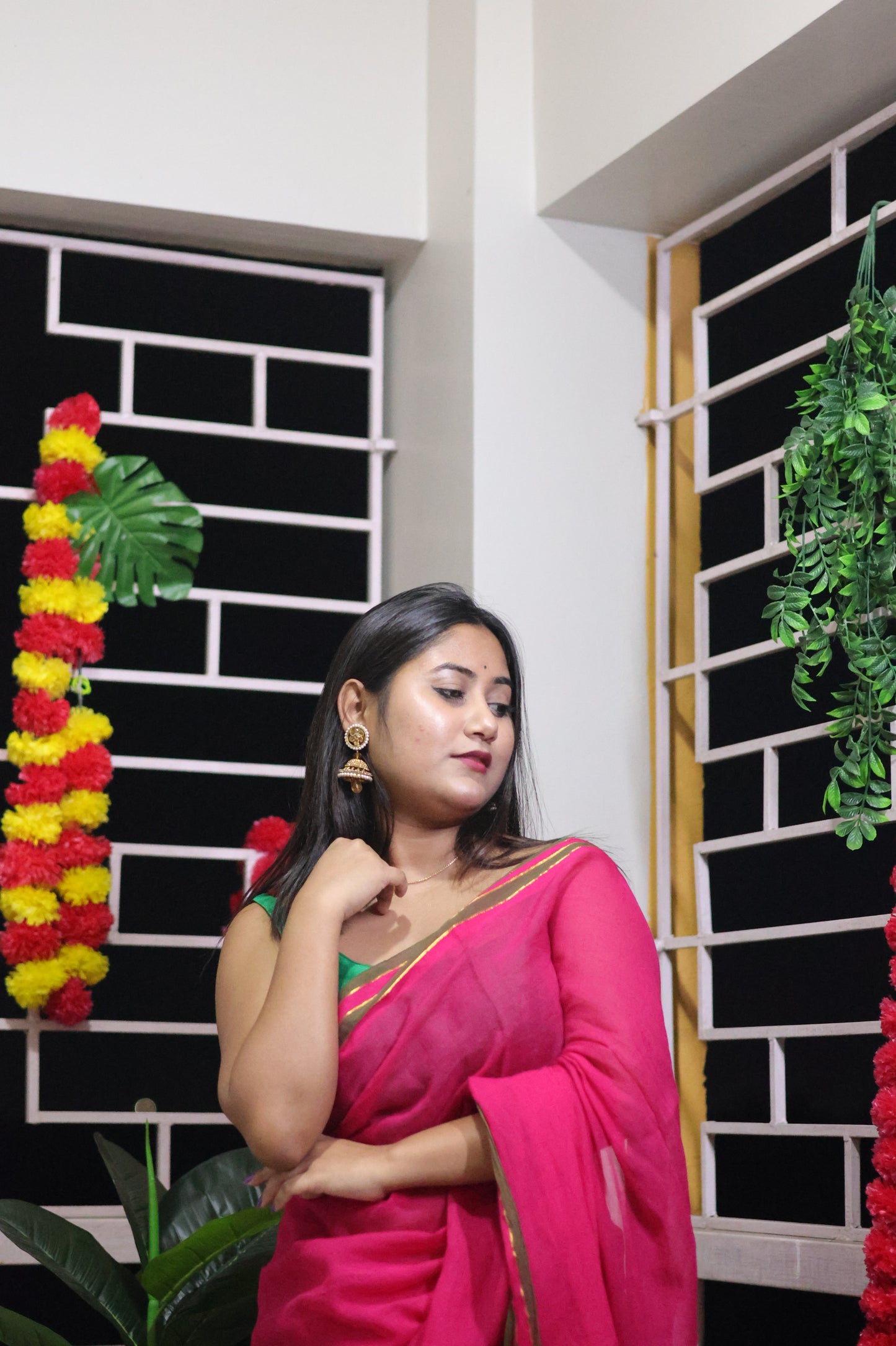 Pink mul cotton saree