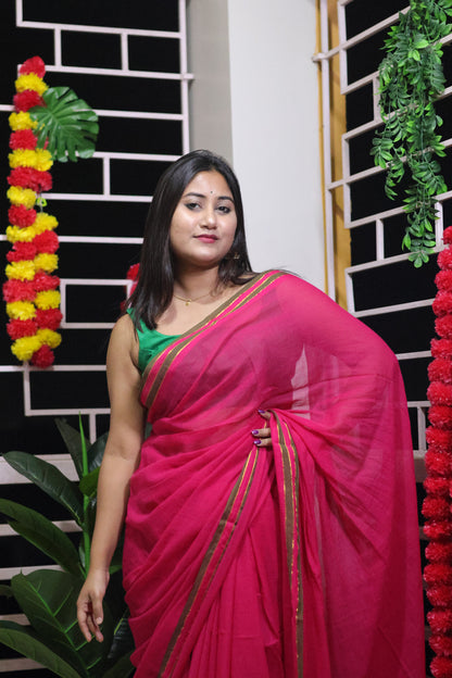 Pink mul cotton saree