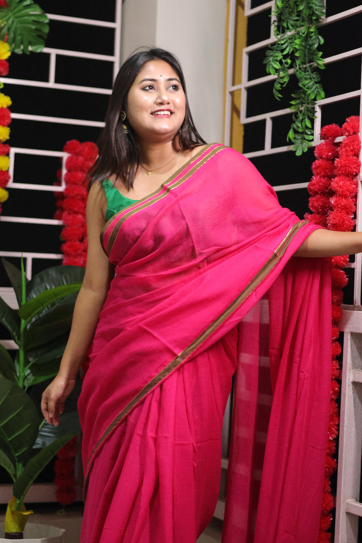 Pink mul cotton saree