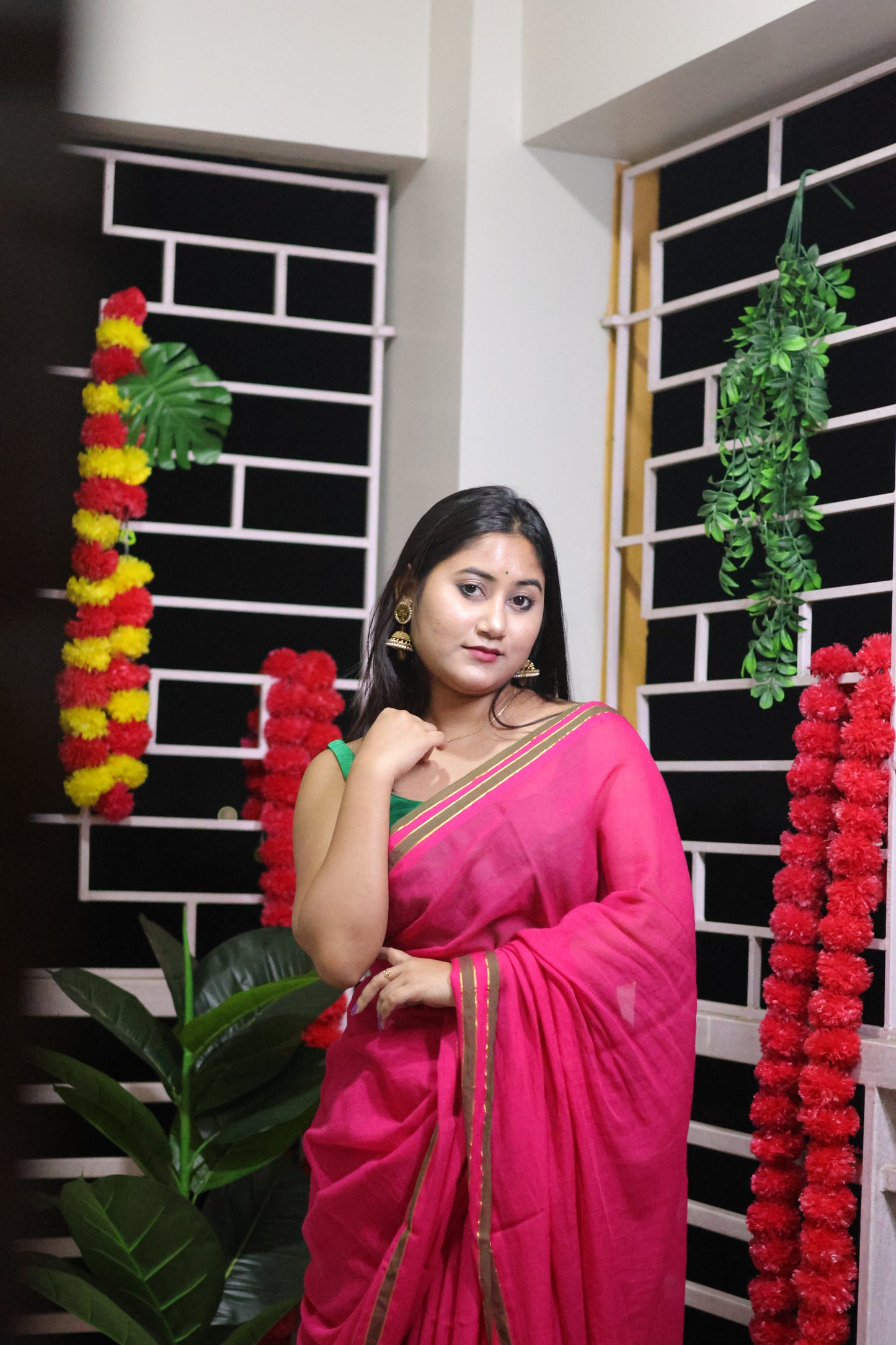 Pink mul cotton saree