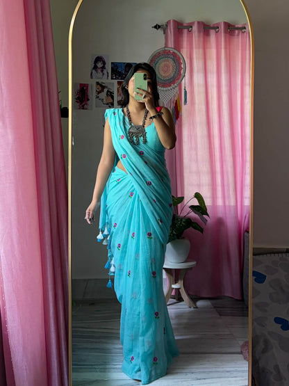 Flower Embriodery Mul Cotton Saree