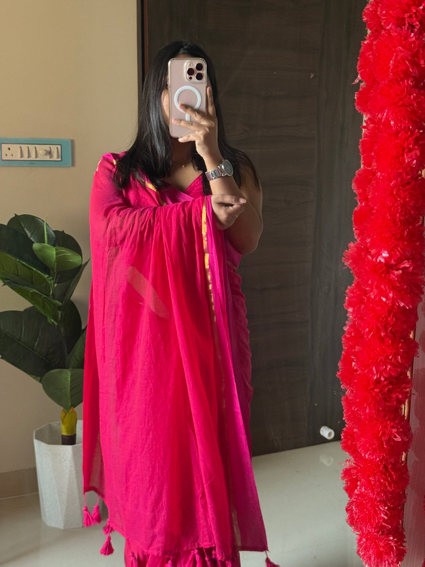 Pink String Mul Cotton Saree
