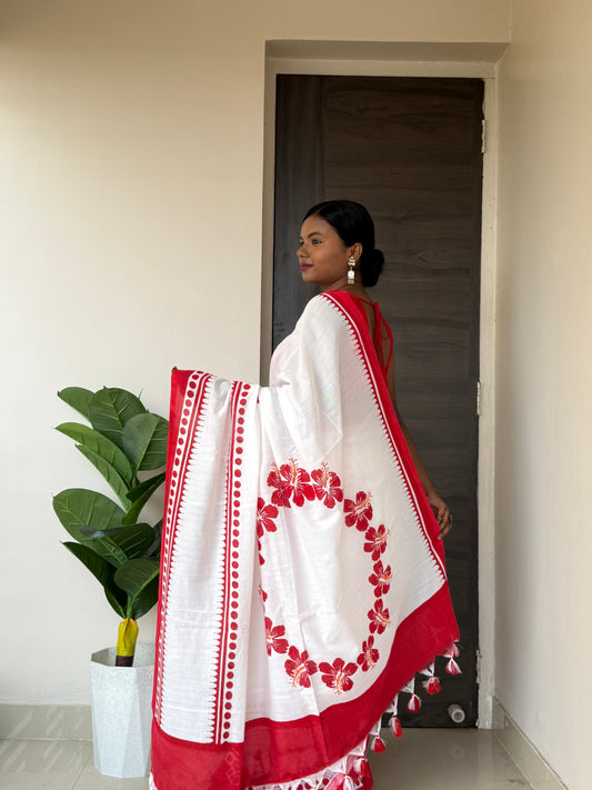 White & Red Mul Cotton Saree