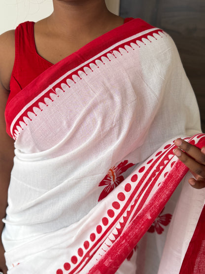 White & Red Mul Cotton Saree
