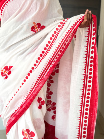 White & Red Mul Cotton Saree
