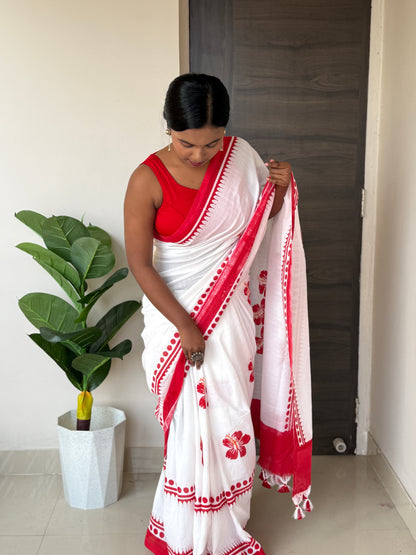 White & Red Mul Cotton Saree