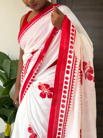 White & Red Mul Cotton Saree