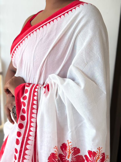 White & Red Mul Cotton Saree