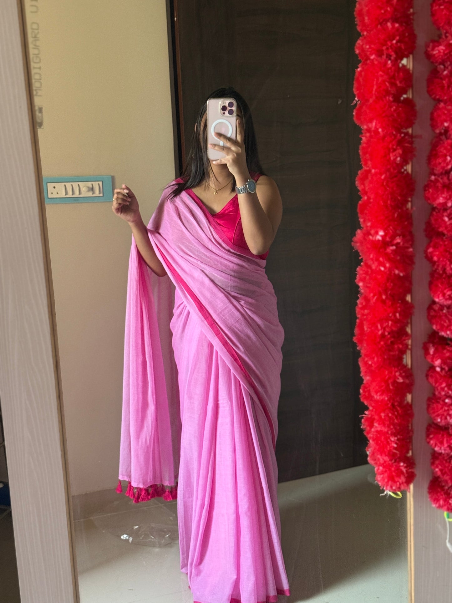 Baby Pink Mul cotton saree