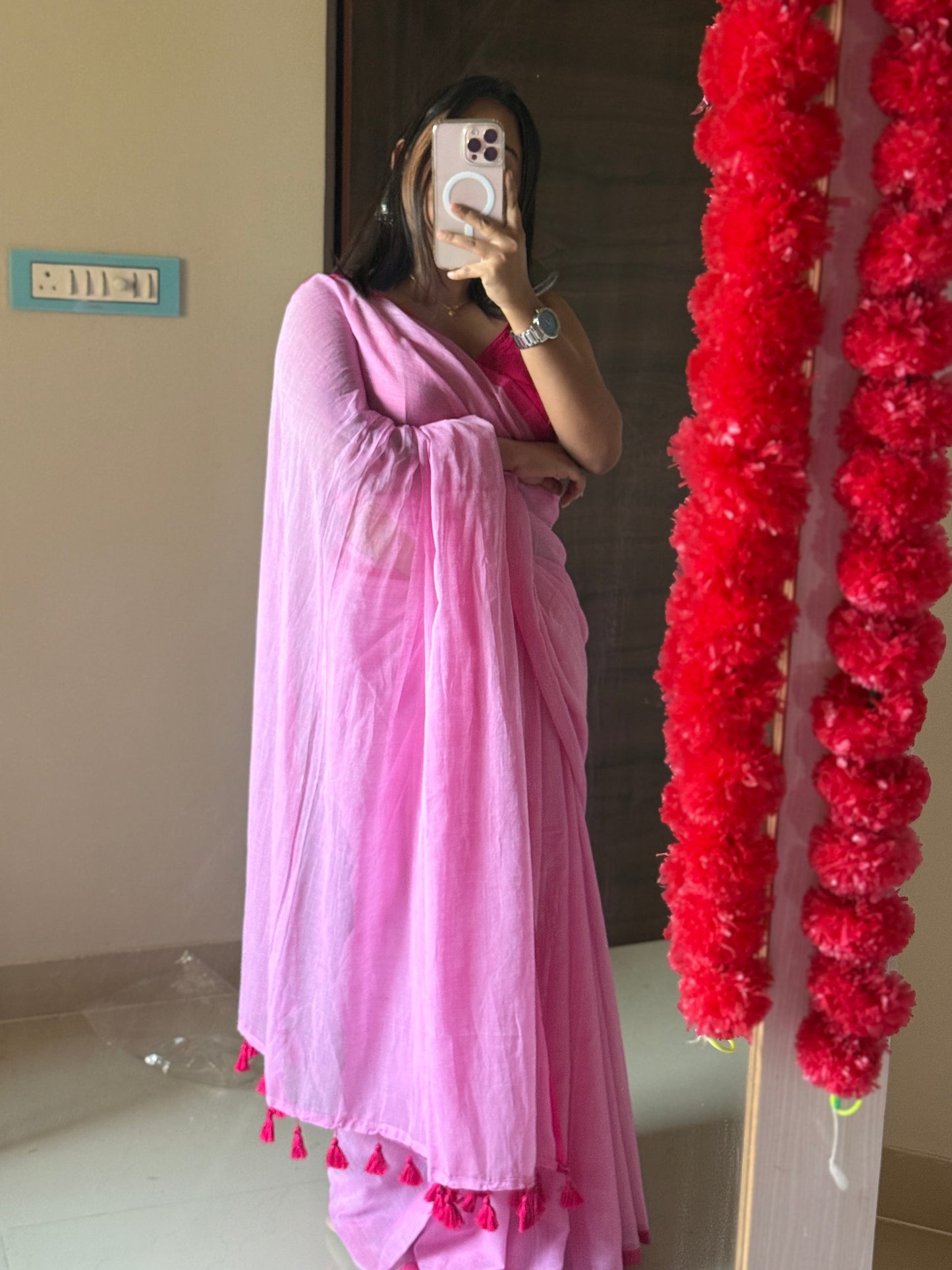 Baby Pink Mul cotton saree