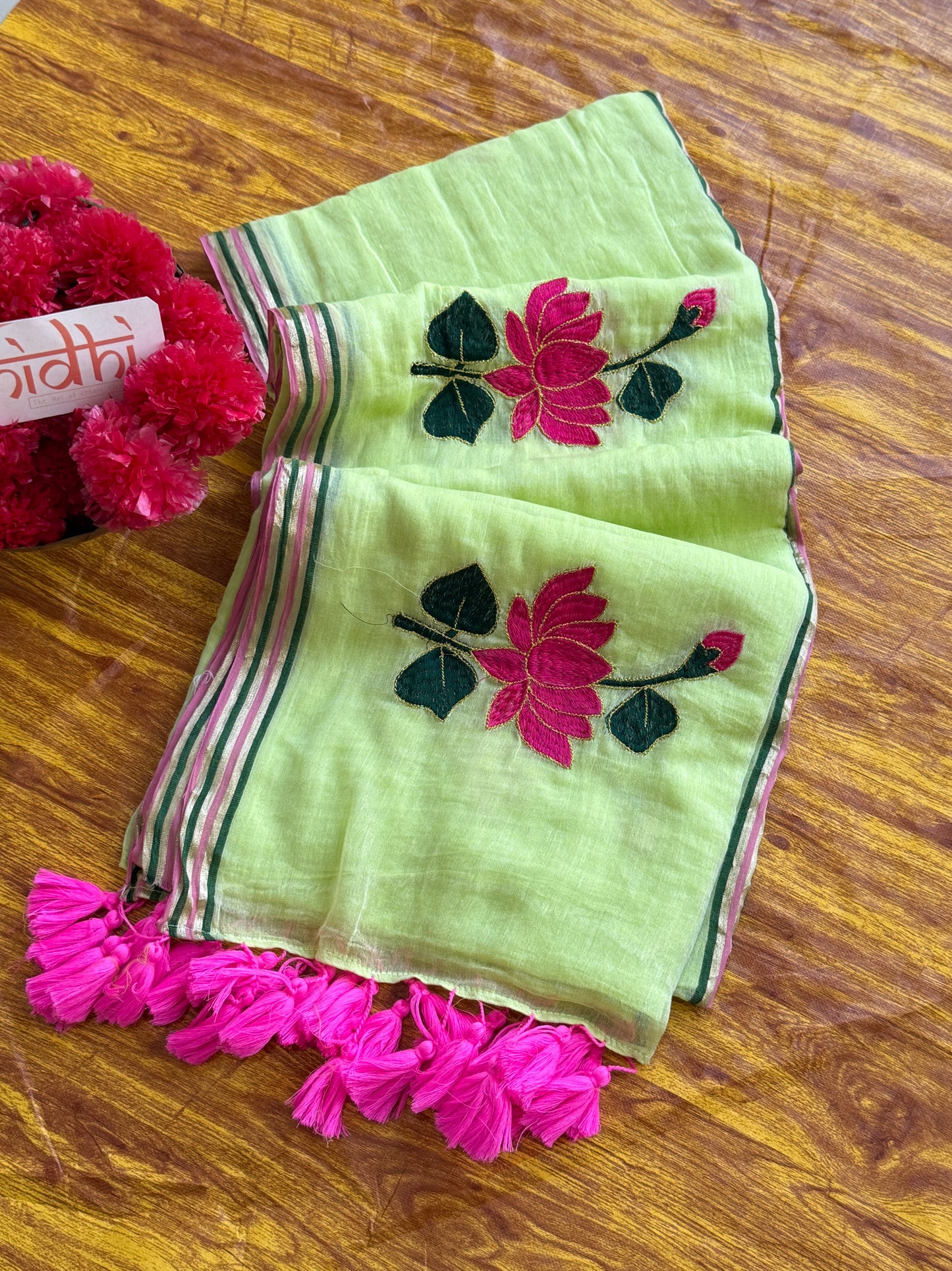 Pista Lotus Mulmul Cotton Saree