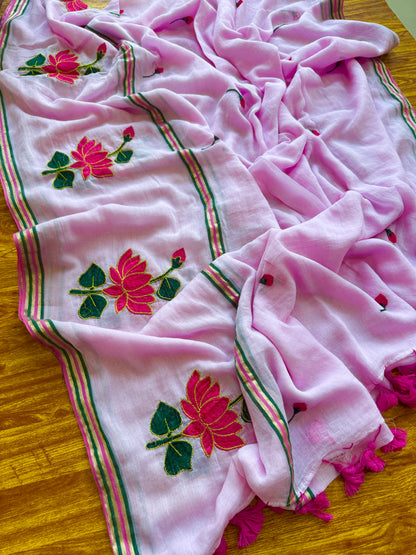 Pink Lotus Mulmul Cotton Saree