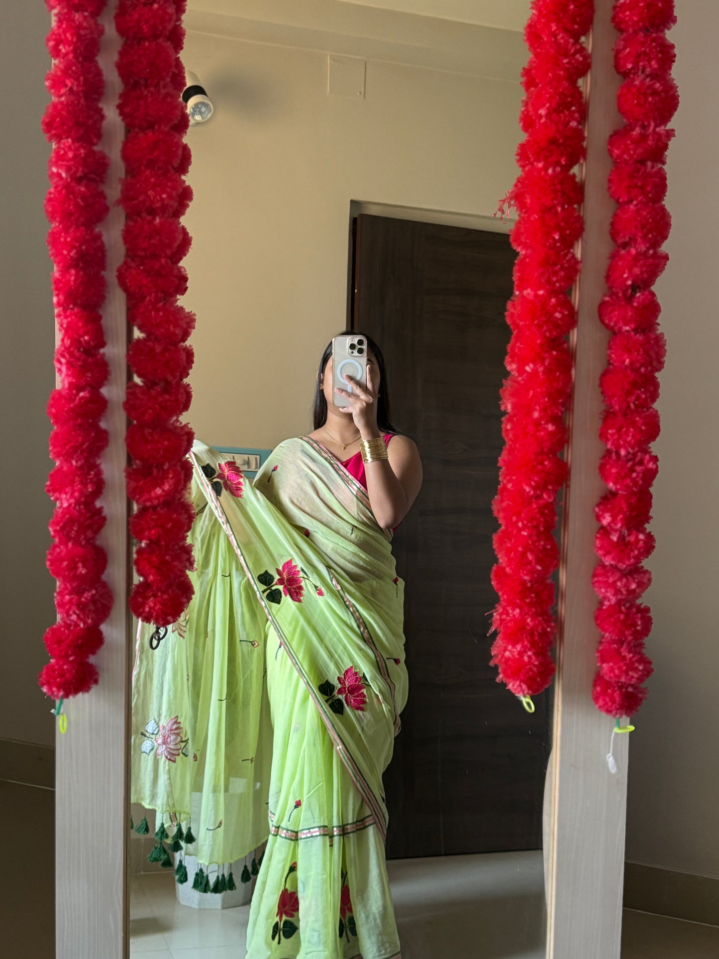 Pista Lotus Mulmul Cotton Saree