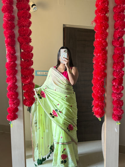 Pista Lotus Mulmul Cotton Saree