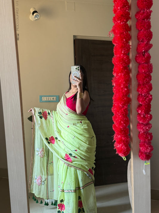 Pista Lotus Mulmul Cotton Saree