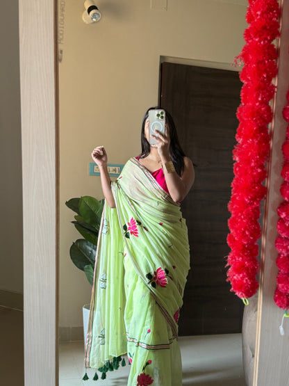 Pista Lotus Mulmul Cotton Saree