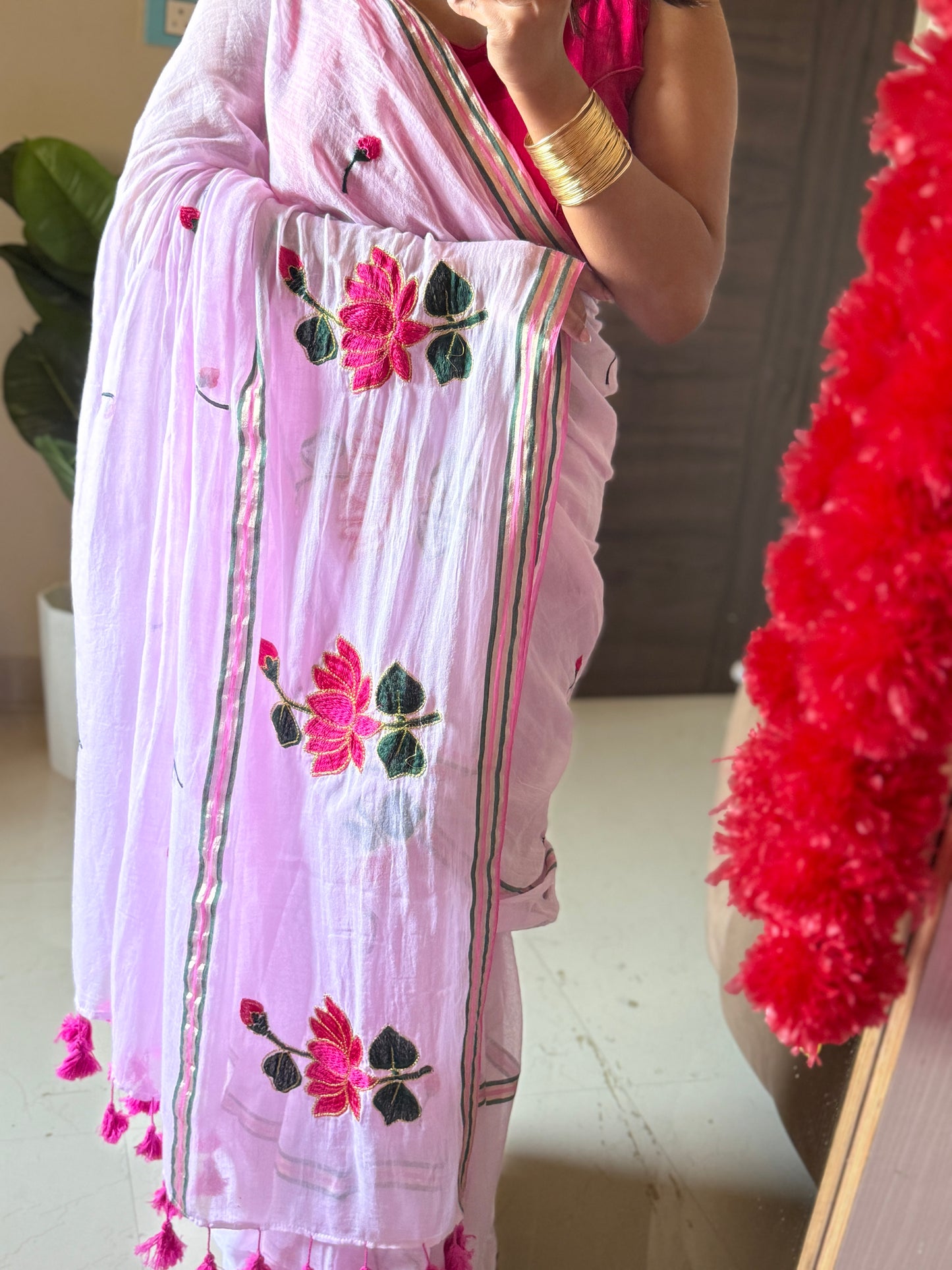 Pink Lotus Mulmul Cotton Saree