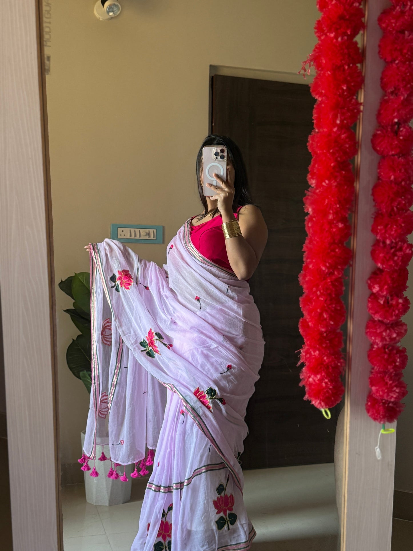 Pink Lotus Mulmul Cotton Saree