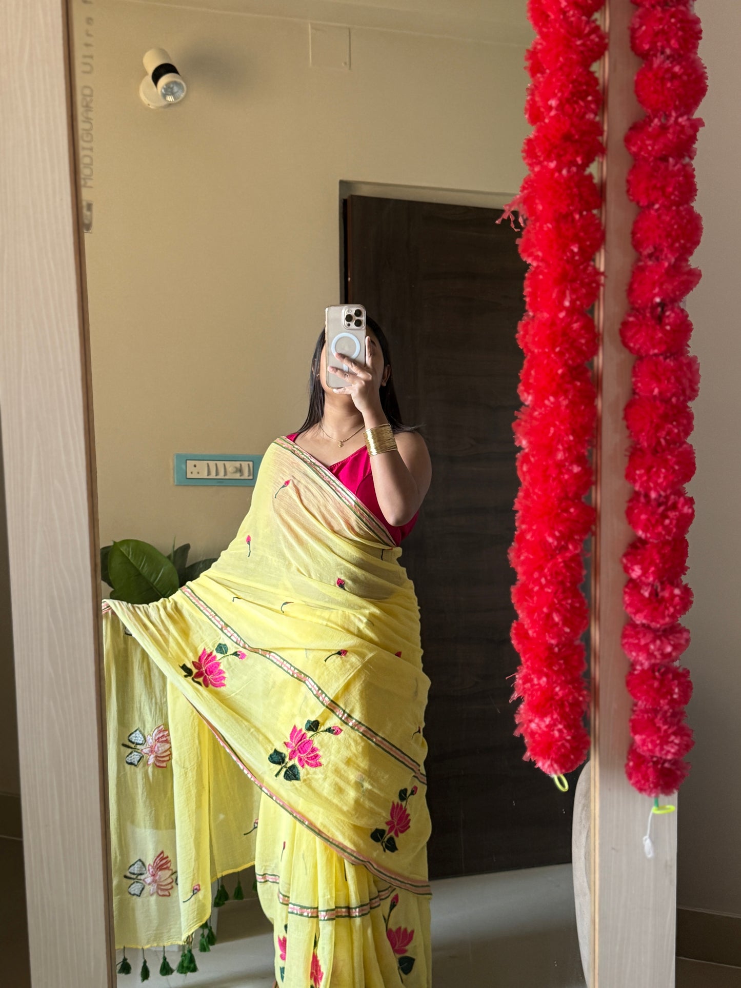 Yellow Lotus Mulmul Cotton Saree
