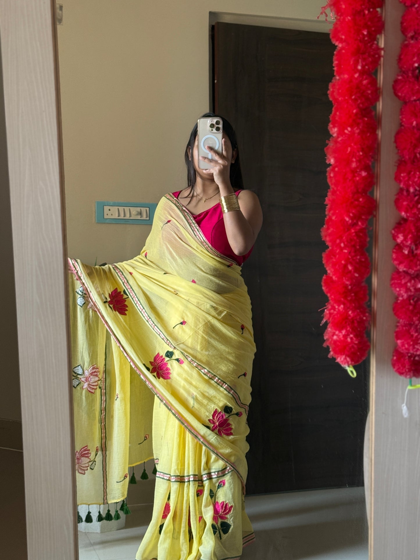 Yellow Lotus Mulmul Cotton Saree