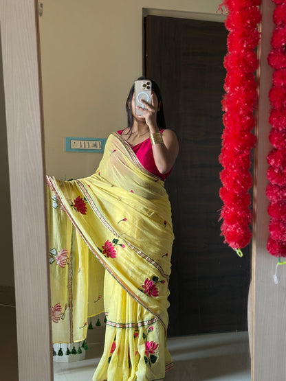 Yellow Lotus Mulmul Cotton Saree